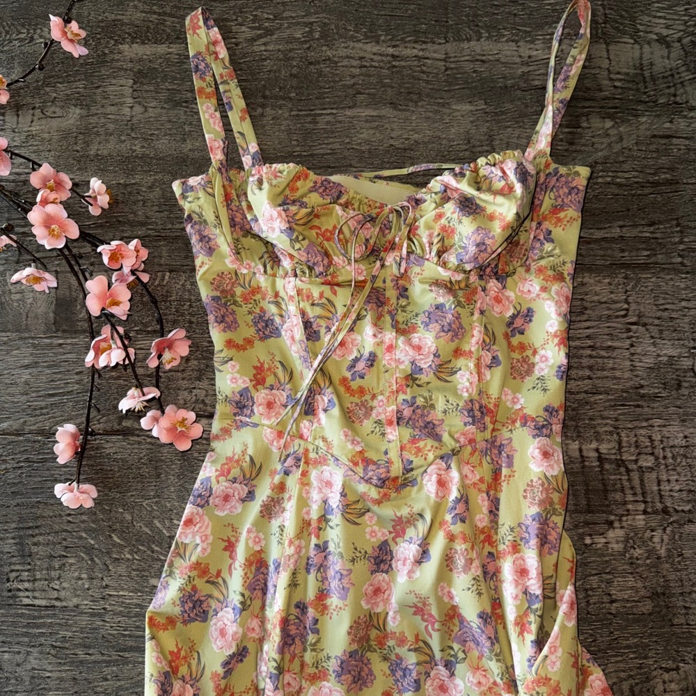 House of CB Carmen Peony Print Bustier Sundress Light Green Floral Corset